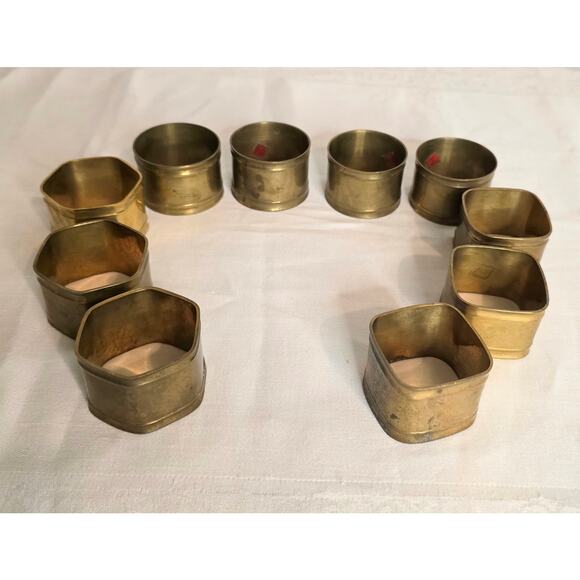 Set of 10 Brass Napkin Rings 3 Square 3 Octagon 3 Round Heavy - Picture 1 of 3